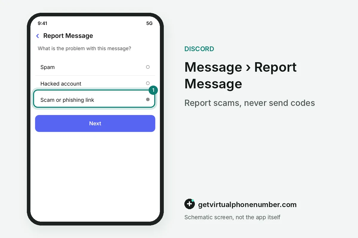 Discord Report Message dialog with the scam or phishing option selected