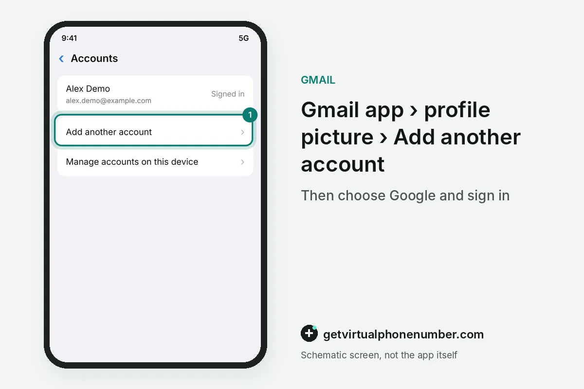 Gmail app account menu with the signed-in account and Add another account highlighted