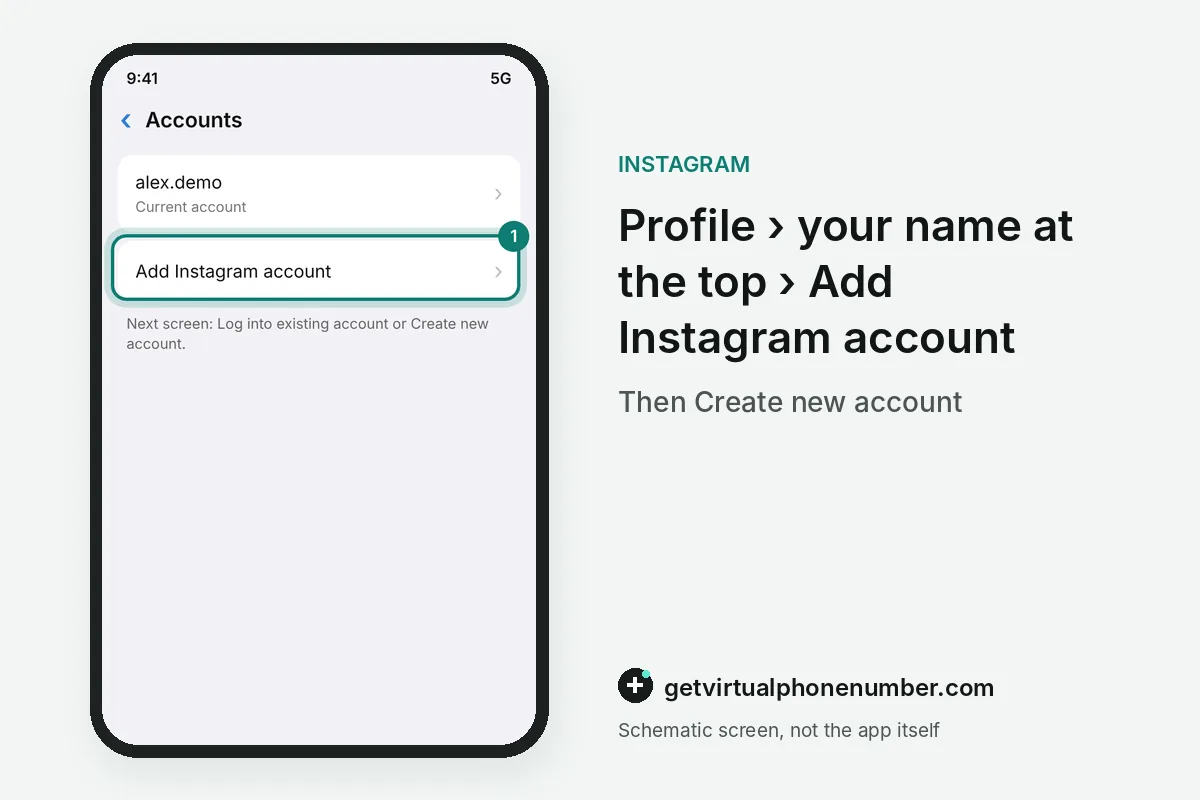 Account menu opened from the profile name with Add Instagram account highlighted