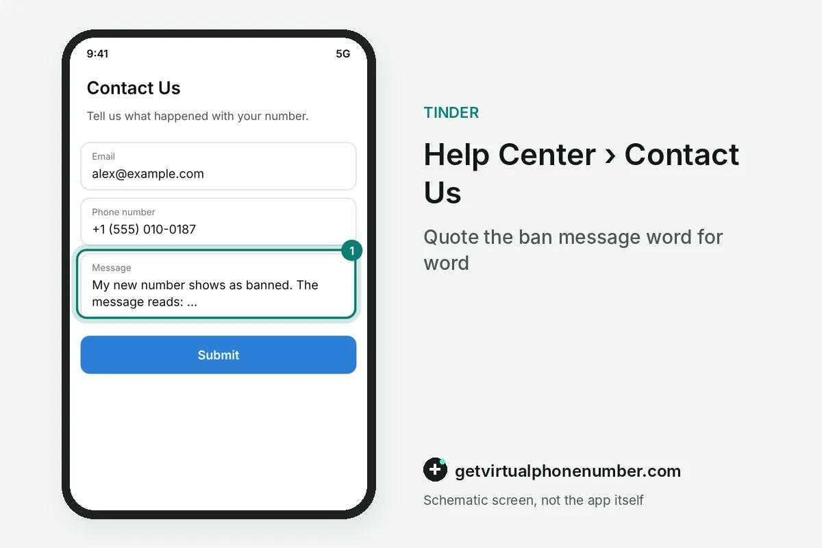 Support contact form with the message field quoting the ban highlighted