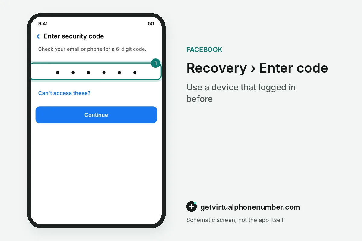 Facebook security code screen during account recovery