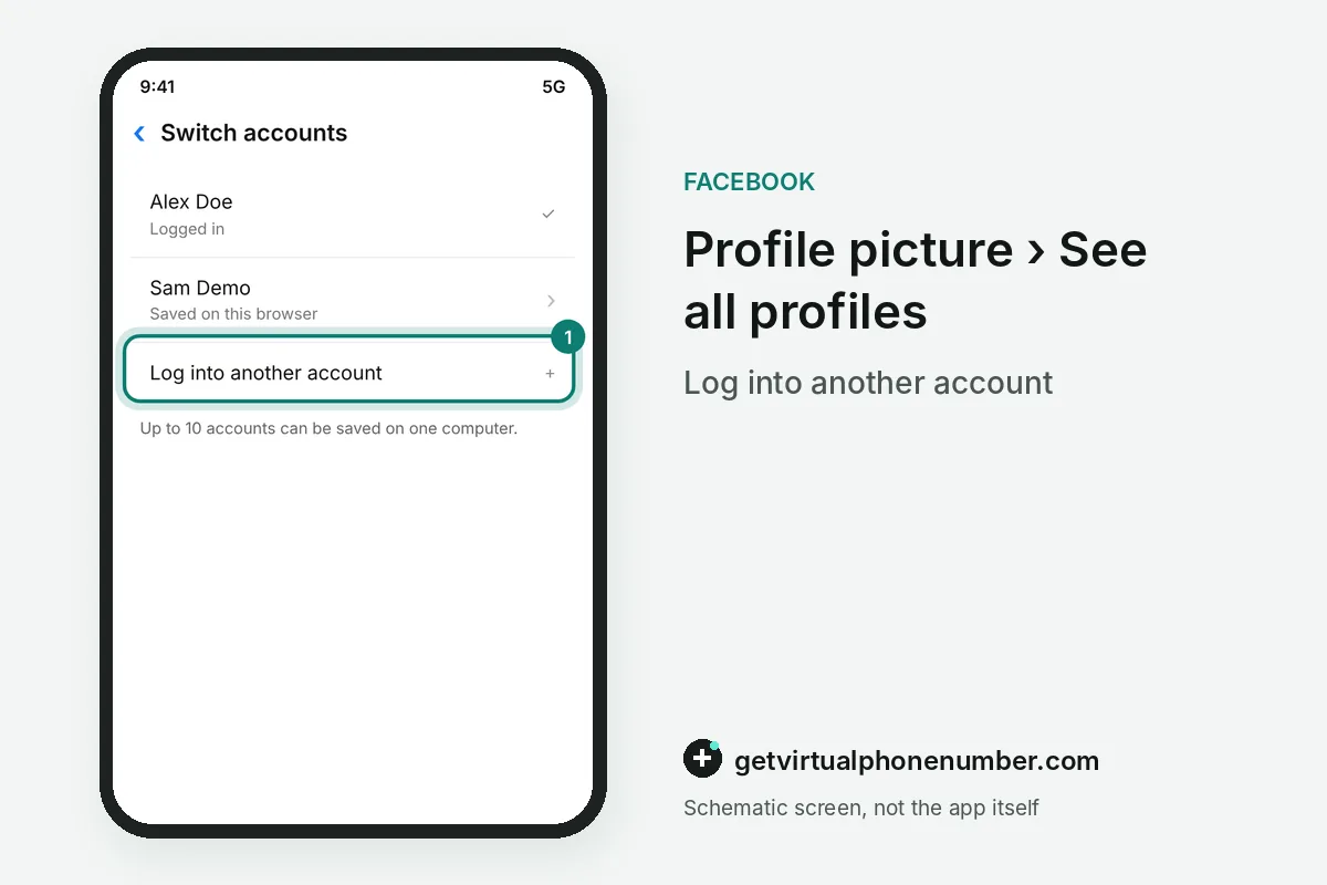 Facebook switch accounts list with the option to log into another account highlighted