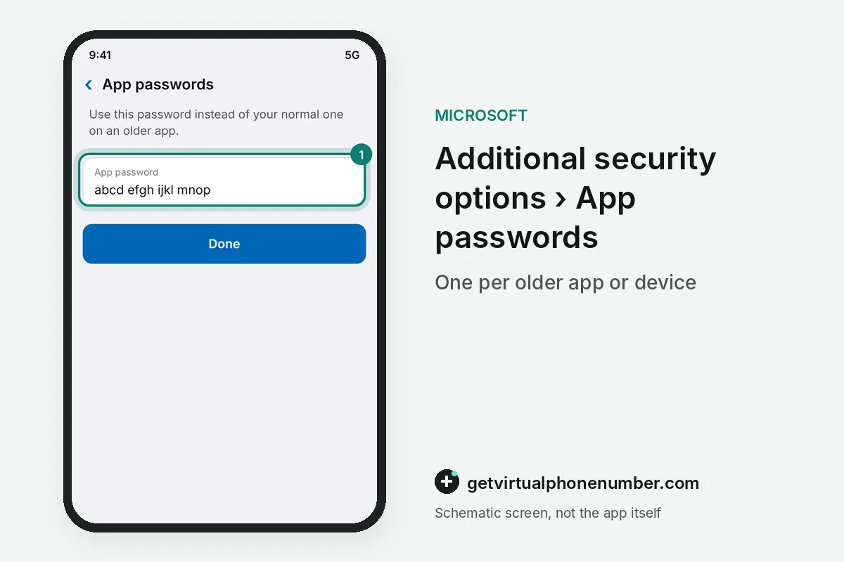 Microsoft app password screen with a sample 16-character password
