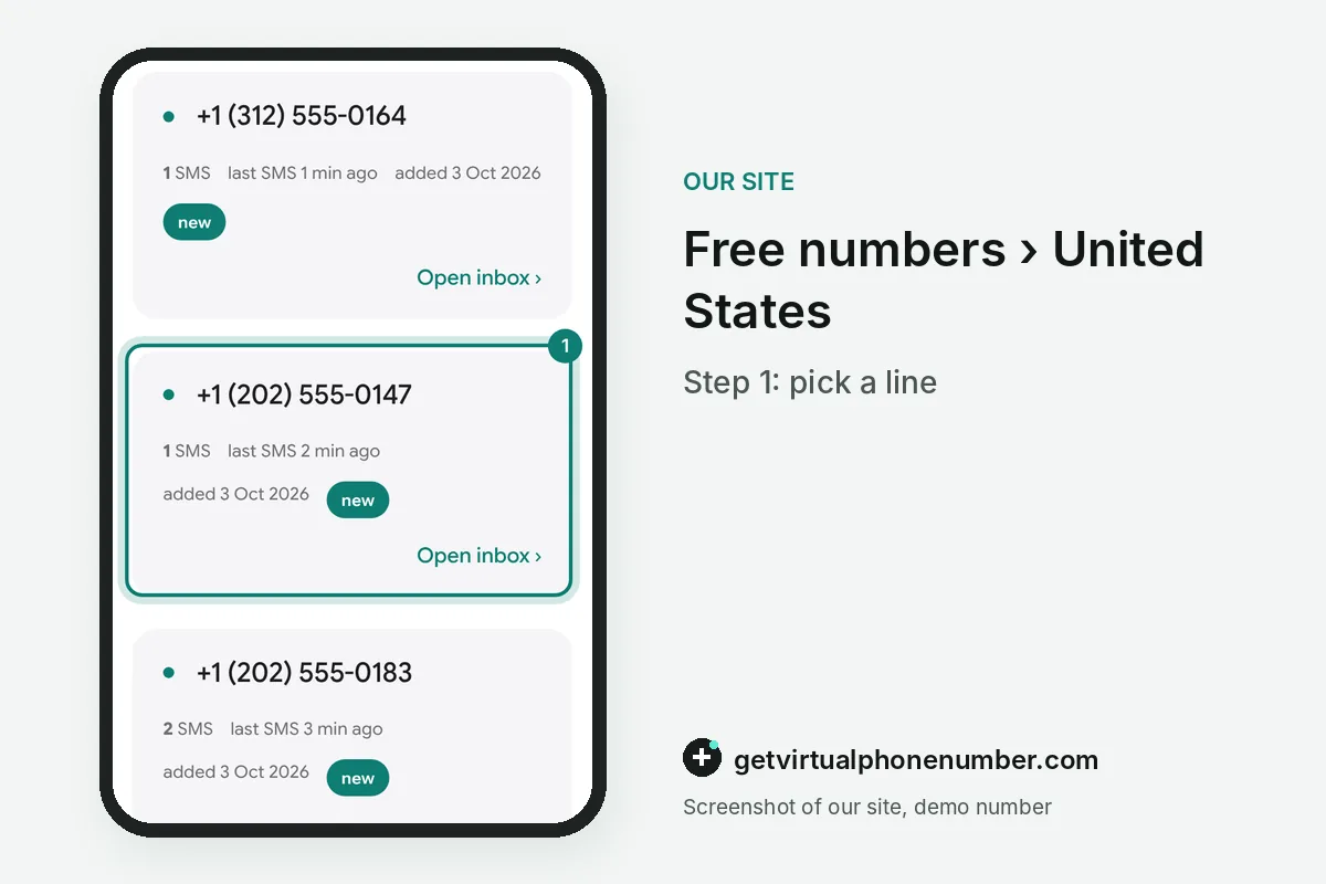 List of free US numbers on getvirtualphonenumber.com with one number highlighted