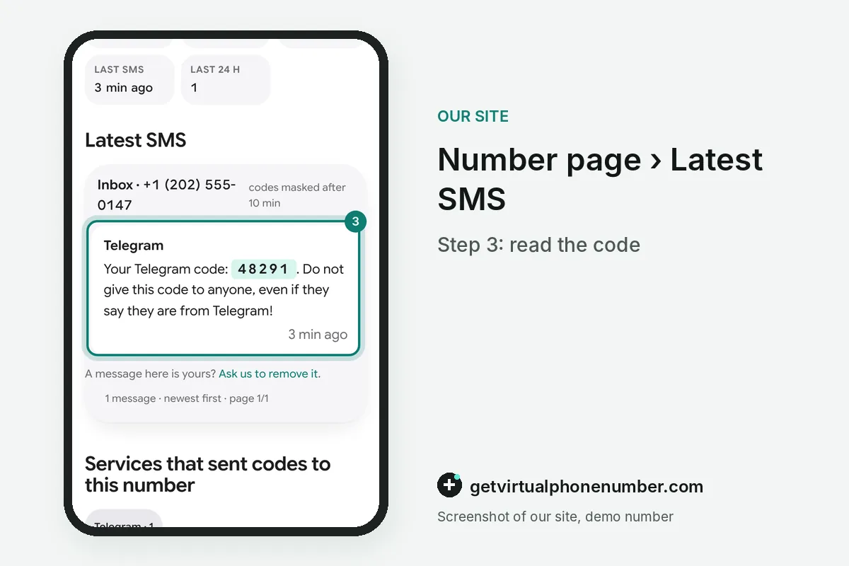 Number page on getvirtualphonenumber.com showing a received SMS