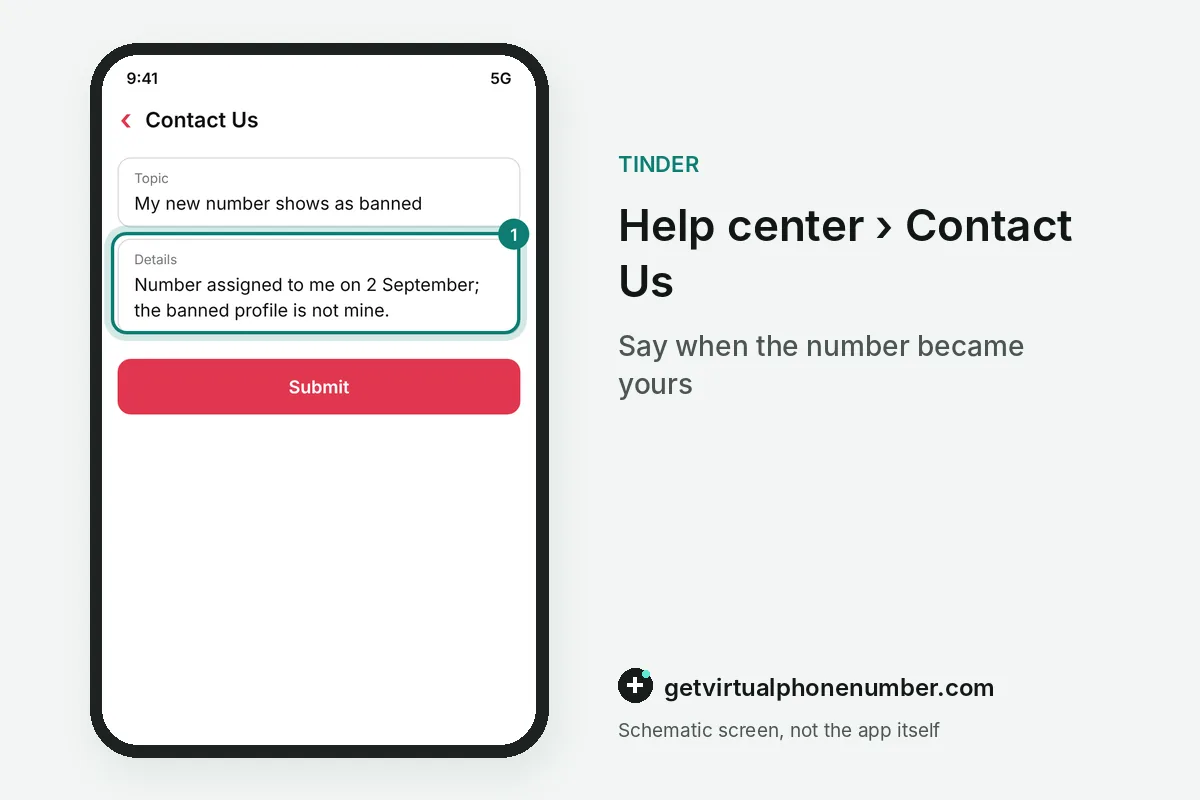 Tinder contact form explaining that a newly assigned number shows as banned