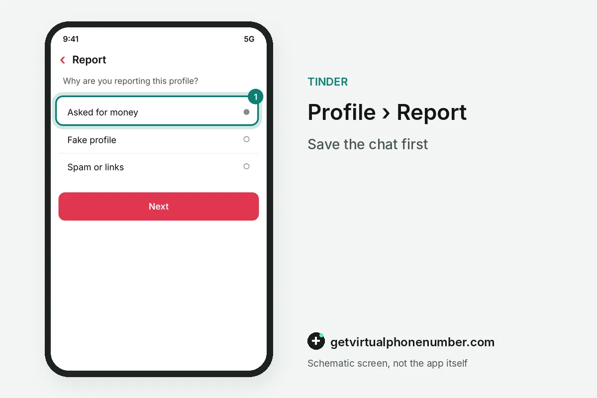 Tinder report screen with the asked for money reason selected