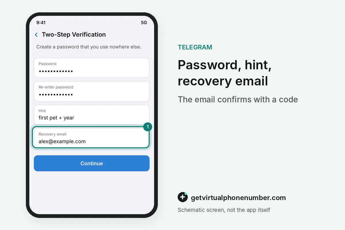 Cloud password setup screen with password, hint and recovery email fields