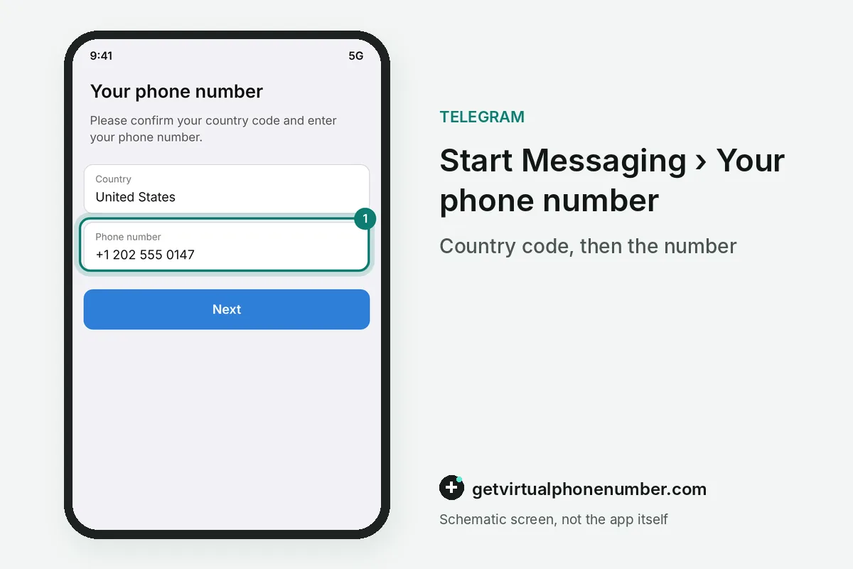 Sign-up screen asking for country and phone number