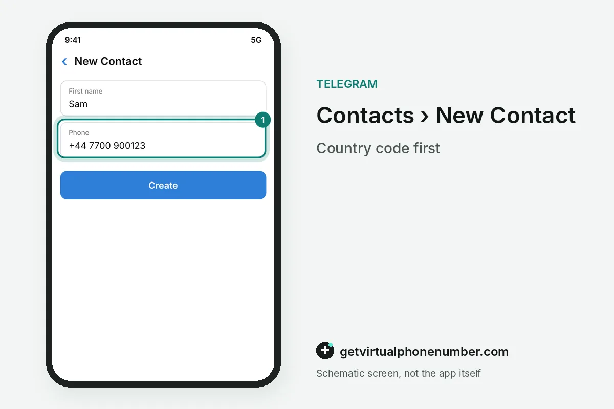 Telegram new contact form with a phone number in international format