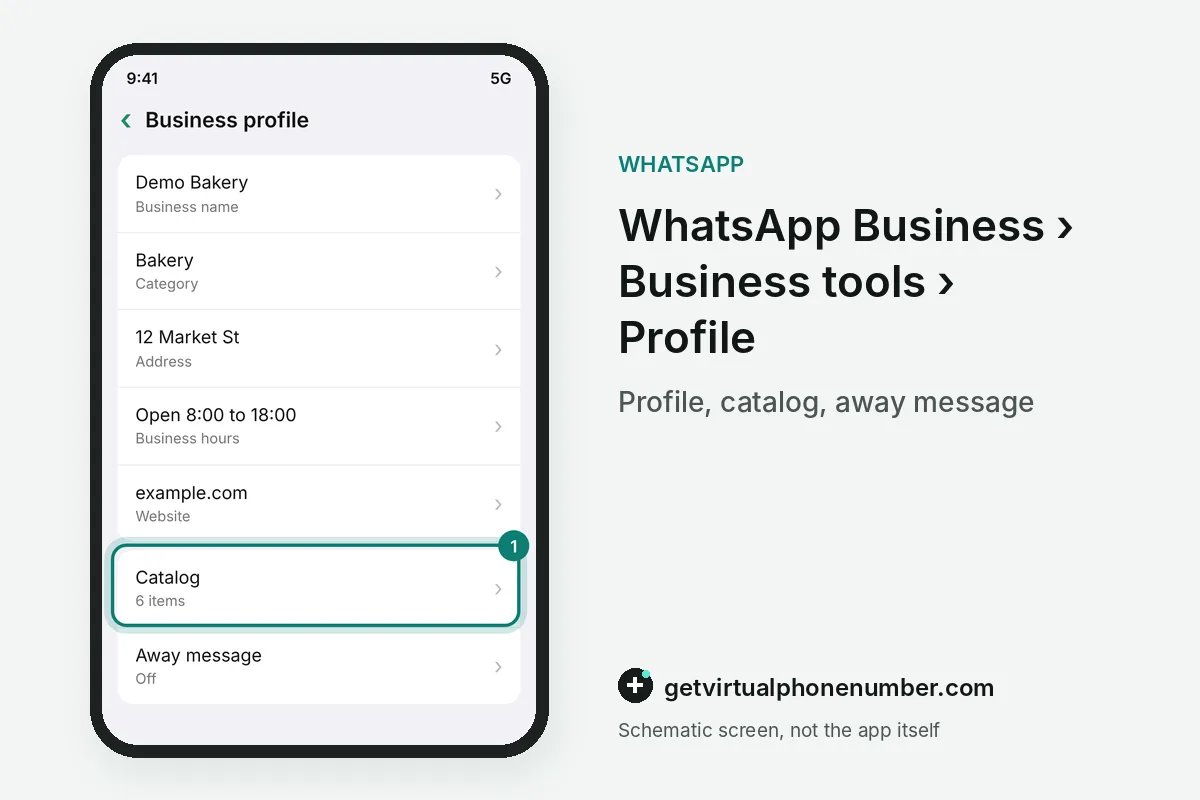 Business profile screen with address, hours and catalog fields